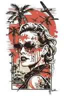 Palm Springs skyline, windmills, plane, palm trees, a 1937 Chevy coupe, woman's face wearing aviators  tattoo design idea