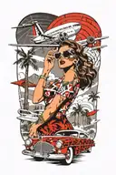 Palm Springs CA skyline with windmillls, palm trees, plane, a woman with aviators and wavy hair and a 1937 Chevy coupe tattoo design idea