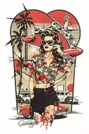 Palm Springs CA skyline with windmillls, palm trees, plane, a woman with aviators and wavy hair and a 1937 Chevy coupe tattoo design idea