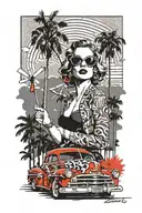 Palm Springs, California skyline with windmills and palm trees and a 1937 Chevy coupe with woman with aviators tattoo design idea