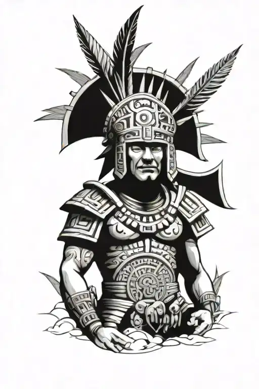 An Aztec warrior with anime-inspired armor, surrounded by Mexican cultural symbols tattoo design idea