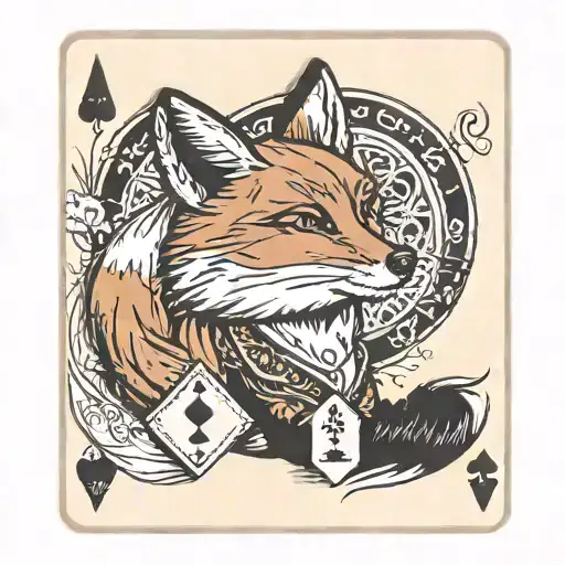 Small minimal fox sitting on a square background, accented by calligraphy brush strokes, with 4 large Aces playing cards tattoo design idea
