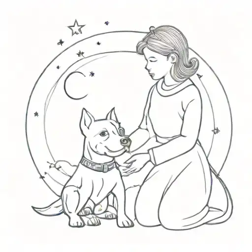 Girl and dog American bully in the style of the little Prince tattoo design idea