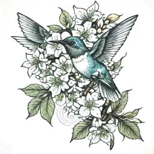 bradford pear tree flower and hummingbird perched tattoo design idea