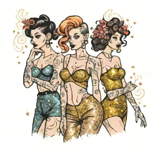 four people in glitter outfits  tattoo design idea