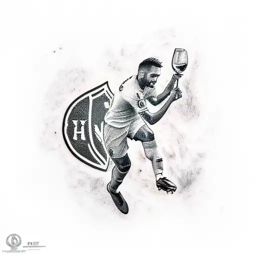 A realistic tattoo of a soccer player celebrating with a glass of red wine tattoo design idea