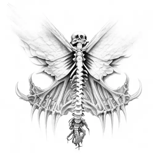 skeletal wings attached to human spine bone tattoo design idea