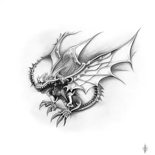 spine attached to skeletal dragon wings tattoo design idea