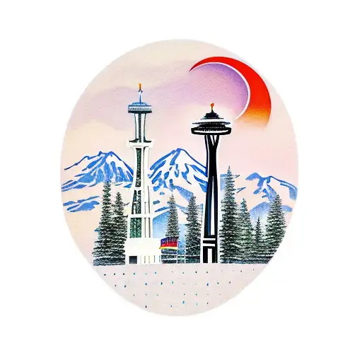 A traditional tattoo of Washington state's iconic landmarks, such as Mount Rainier and the Space Needle, intertwined with blooming flowers tattoo design idea