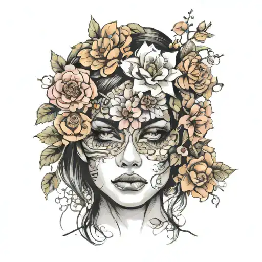 ADHD a woman's face, eyes covered in flowers tattoo design idea