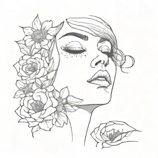 ADHD a woman's face, eyes covered in flowers tattoo design idea