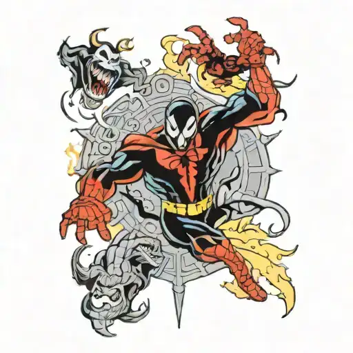 A traditional style tattoo of Venom battling against Spiderman, Superman, Batman, and Joker tattoo design idea