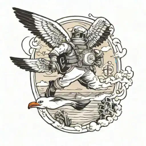 A tattoo design incorporating seagulls and a diving suit in a fantasy setting tattoo design idea