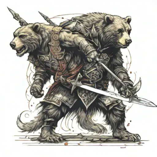 Medieval Longswordsman fighting Bloodied Grizzly bear tattoo design idea
