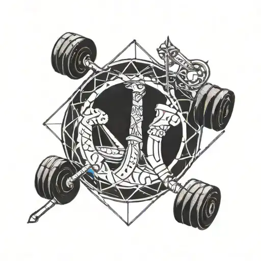 A geometric design featuring the iconic symbol of the Elder Scrolls series, subtly combined with weight lifting equipment tattoo design idea
