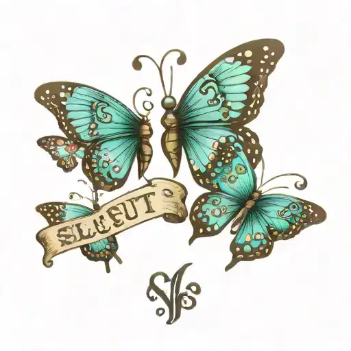 turquoise butterflies with hip pen wording saying slut  tattoo design idea