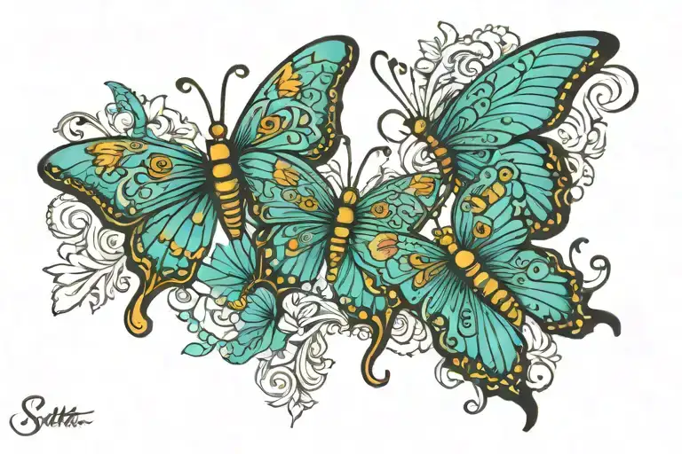 turquoise butterflies with the word slut tattoo design idea