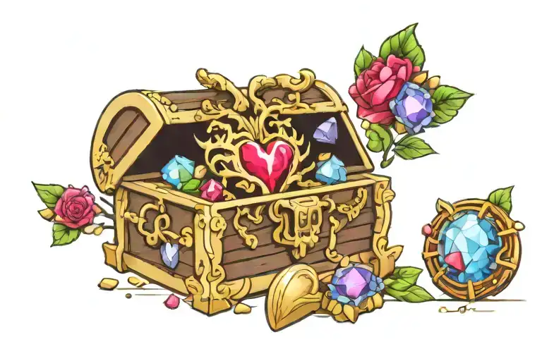 wood treasure chest with human heart inside surrounded by gems and gold  tattoo design idea
