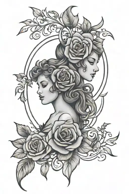 gemini zodiac and roses surrounded tattoo design idea
