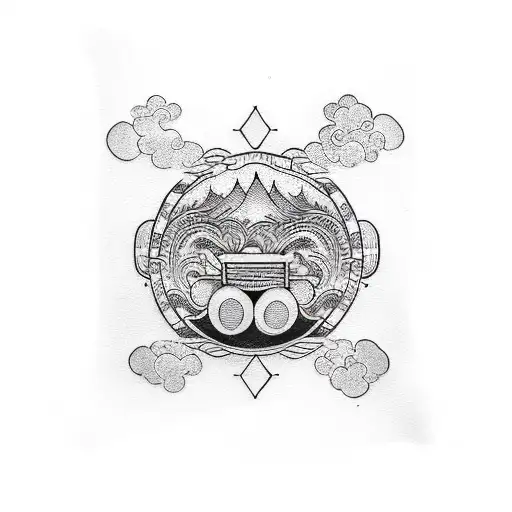 A blackwork tattoo of a DJ booth on a beach at sunset tattoo design idea