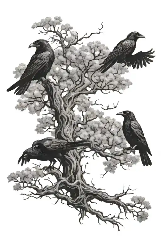 oak tree and ravens flying tattoo design idea