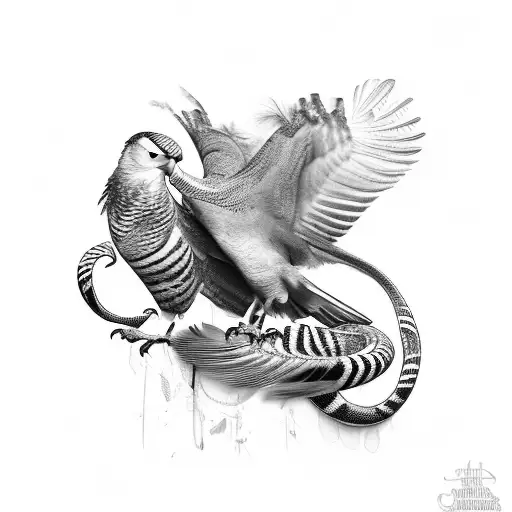 Big Hawk with initials MJR hidden in feathers swooping up and killing snake with initials ALS hidden in scales on thigh tattoo design idea