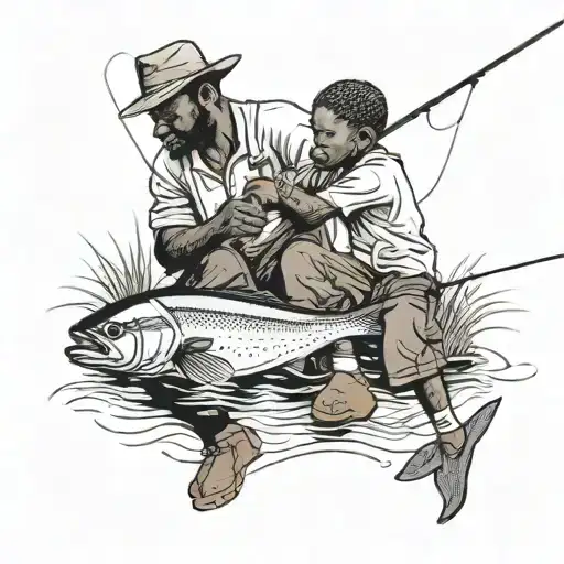 Black dad fishing with his black son tattoo design idea