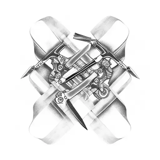 Motorcycle engine intertwined with a pair of scissors tattoo design idea