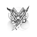 Motorcycle engine intertwined with a pair of scissors tattoo design idea