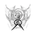 Motorcycle engine intertwined with a pair of scissors tattoo design idea