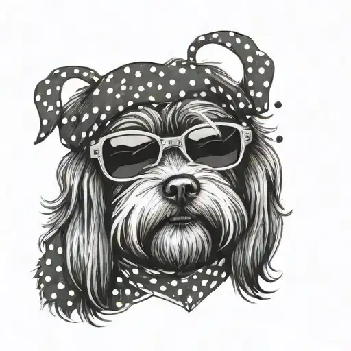 A portrait tattoo of a Havanese dog wearing sunglasses and a bandana, with a rock and roll twist inspired by AC/DC tattoo design idea