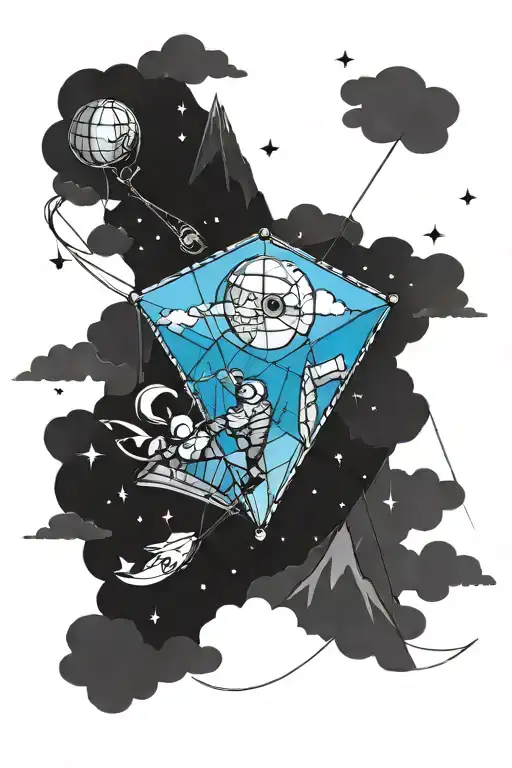 a kite inside which is space, mountains, sea and a climber tattoo design idea