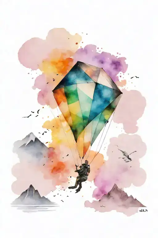 a kite inside which is space, mountains, sea and a climber tattoo design idea