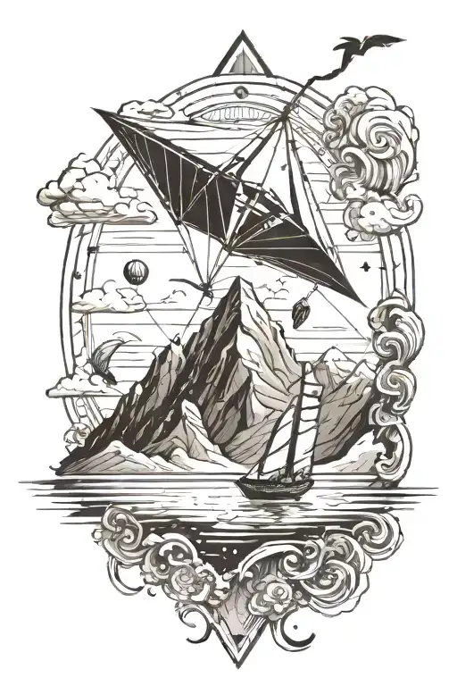 a kite inside which is space, mountains, sea and a climber tattoo design idea