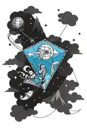 a kite inside which is space, mountains, sea and a climber tattoo design idea