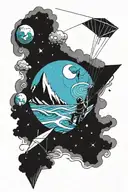 a kite inside which is space, mountains, sea and a climber tattoo design idea