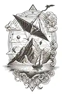 a kite inside which is space, mountains, sea and a climber tattoo design idea