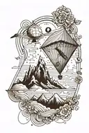 a kite inside which is space, mountains, sea and a climber tattoo design idea