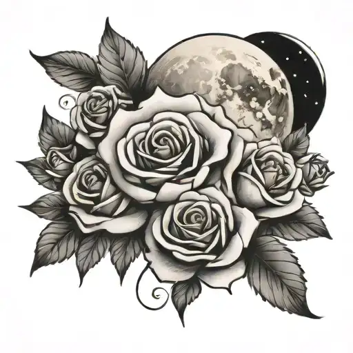 roses, moon and stars tattoo design idea