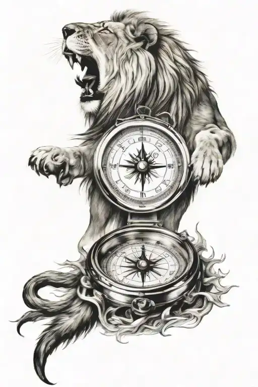 compass with roaring lion tattoo design idea