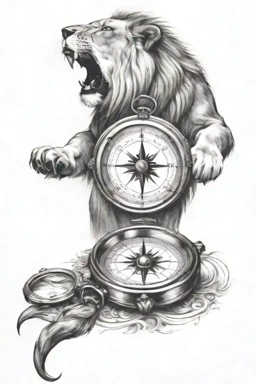 compass with roaring lion tattoo design idea