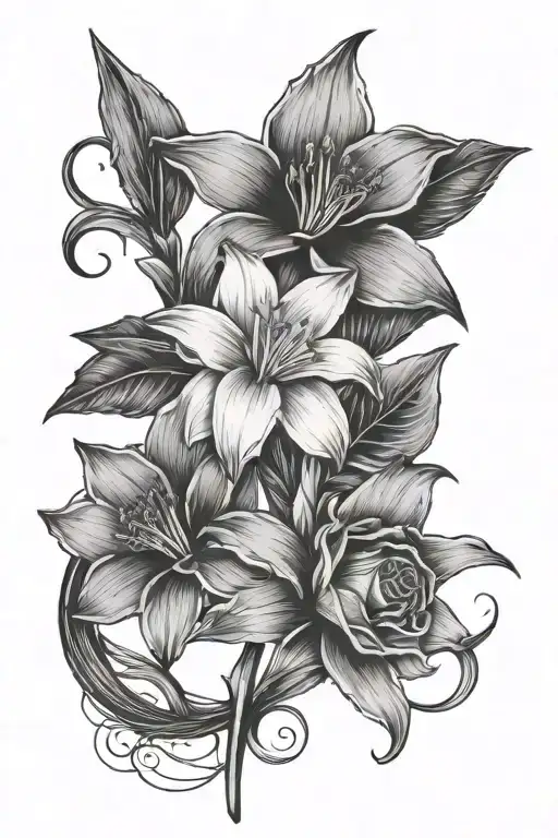 a minimalist rose, daffodil, cosmo, and blue stargazer lilly intertwined with Bon Ivers 22 symbol  tattoo design idea