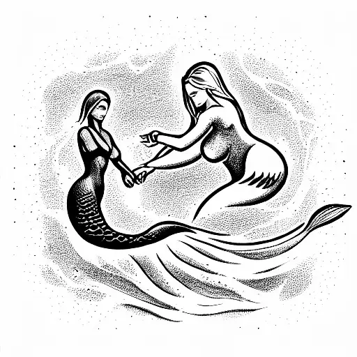 Freediver being seduced and drawn to the depth by a mermaid, holding hands tattoo design idea