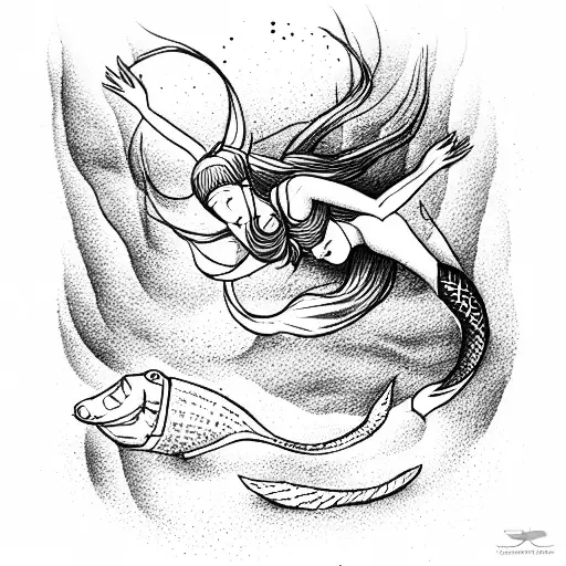 Diver being seduced and drawn to the depth by a mermaid tattoo design idea