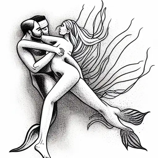 Freediver being seduced and drawn to the depth by a mermaid, holding hands tattoo design idea