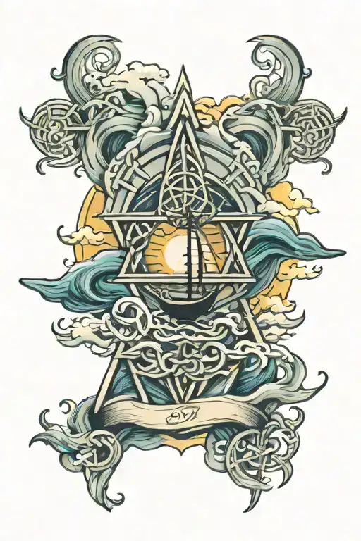 a tattoo incorporating a Celtic Triangle knot, stormy seas, St Christopher and the sun breaking through the storm  tattoo design idea
