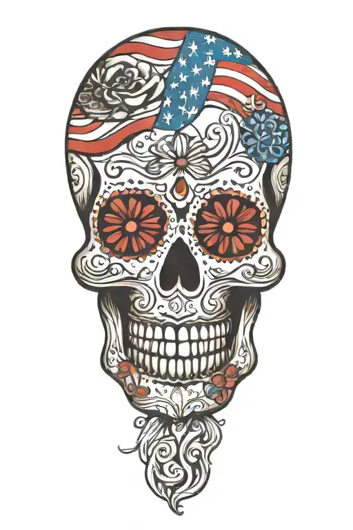 sugar skull patriotic American flag tattoo design idea