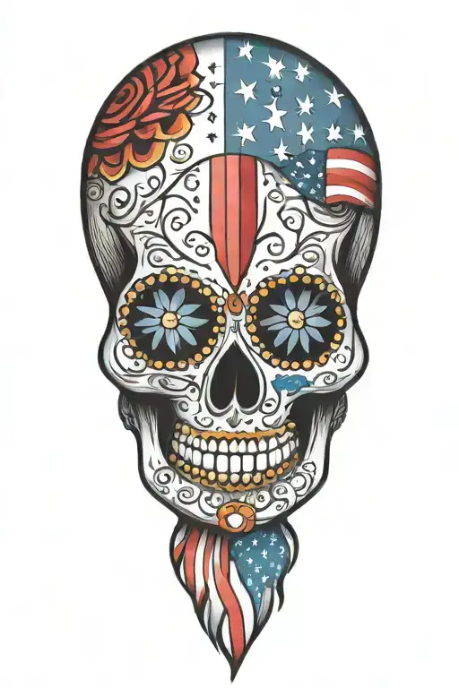 sugar skull patriotic American flag tattoo design idea