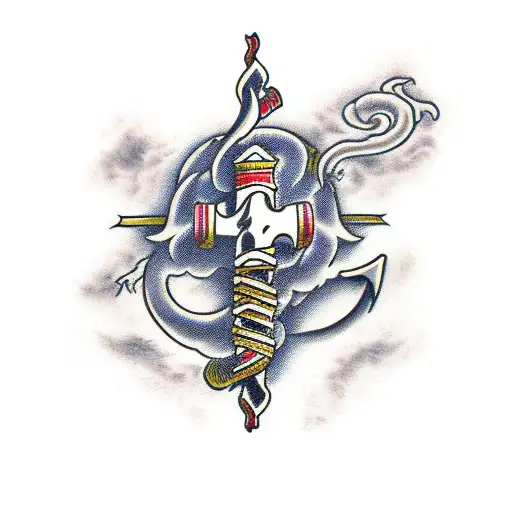 crossed flintlock pistols with smoke creating a caduceus tattoo design idea