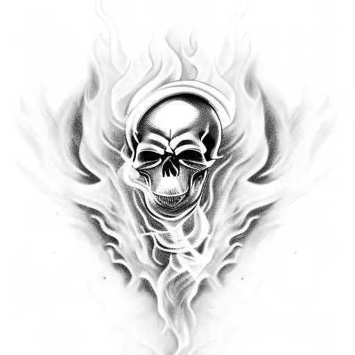 Skull with smoke and flames engulfing the head, representing the departing soul tattoo design idea